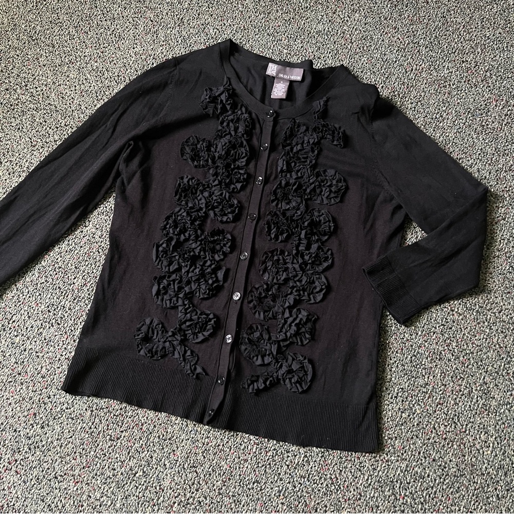 Black Ribbon Textured Cotton Silk Blend Long-Sleeve Modest Cardigan Sweater Sz M